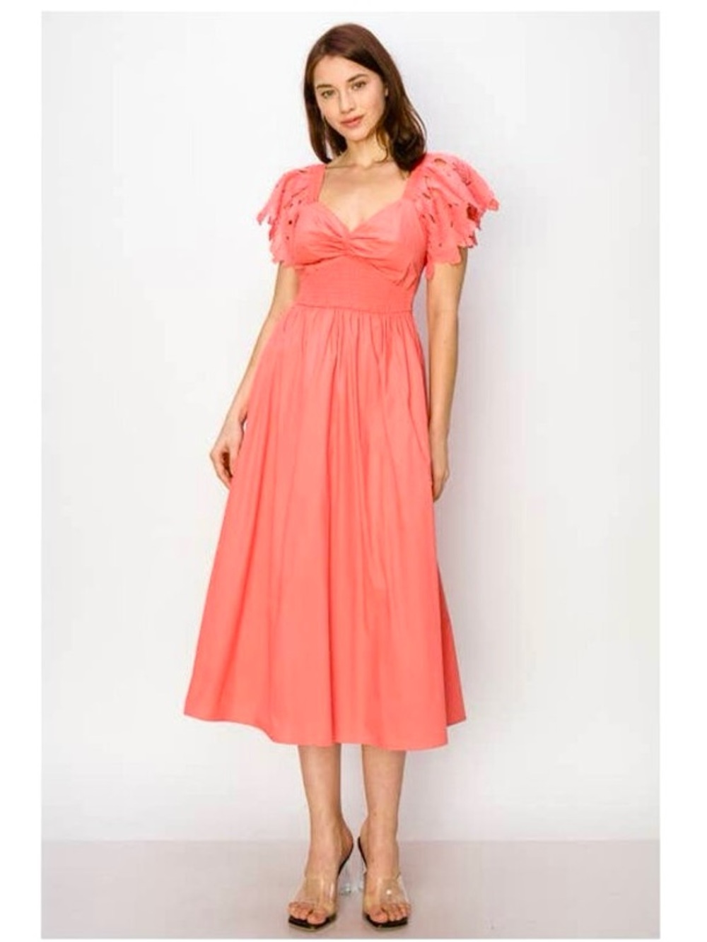 Coral Lace Sleeve Midi Dress NWOT